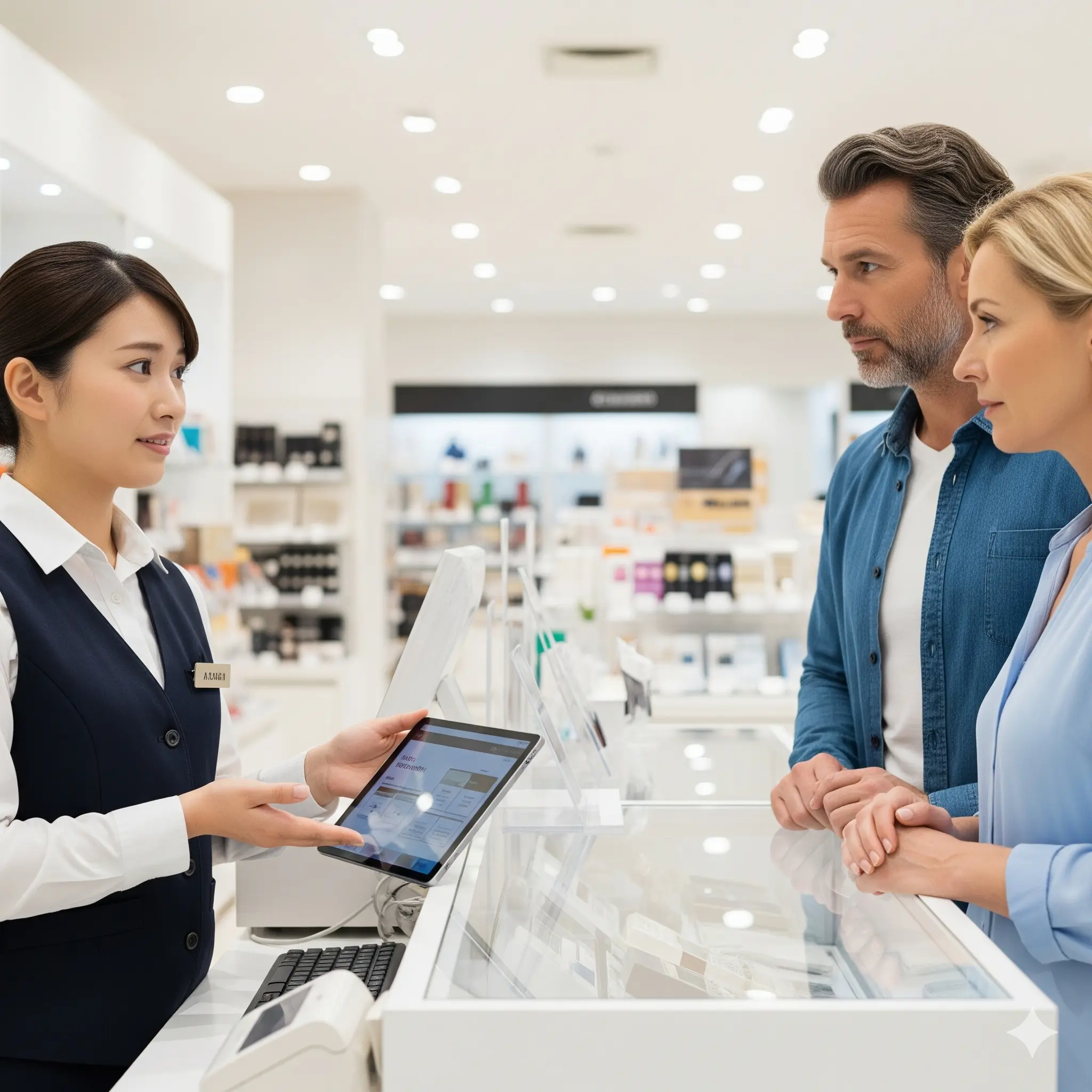 外国人のお客様が来店して英語で話しかけているけれど、スタッフが英語が分からず困っているビジネス接客シーン