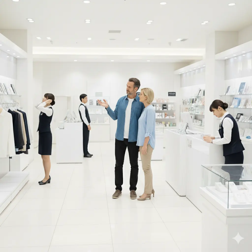 英語対応に不安を感じて誰も率先して対応したがらないスタッフたちの職場シーン