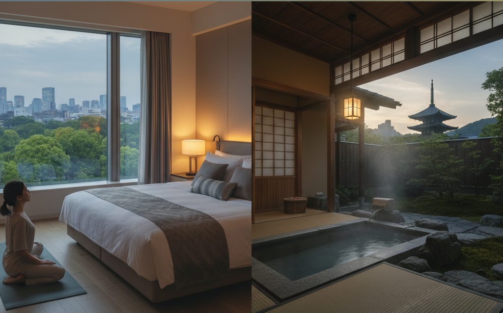 Sleep-focused hotel room in Tokyo with quality bedding and calming design